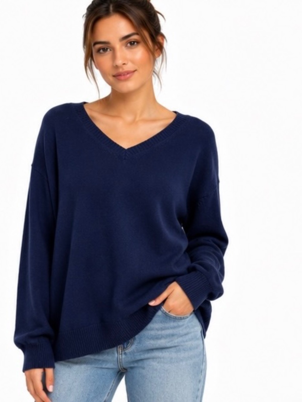 Fitzwell Women's 3XL Navy Blue V-Neck Knit Sweater